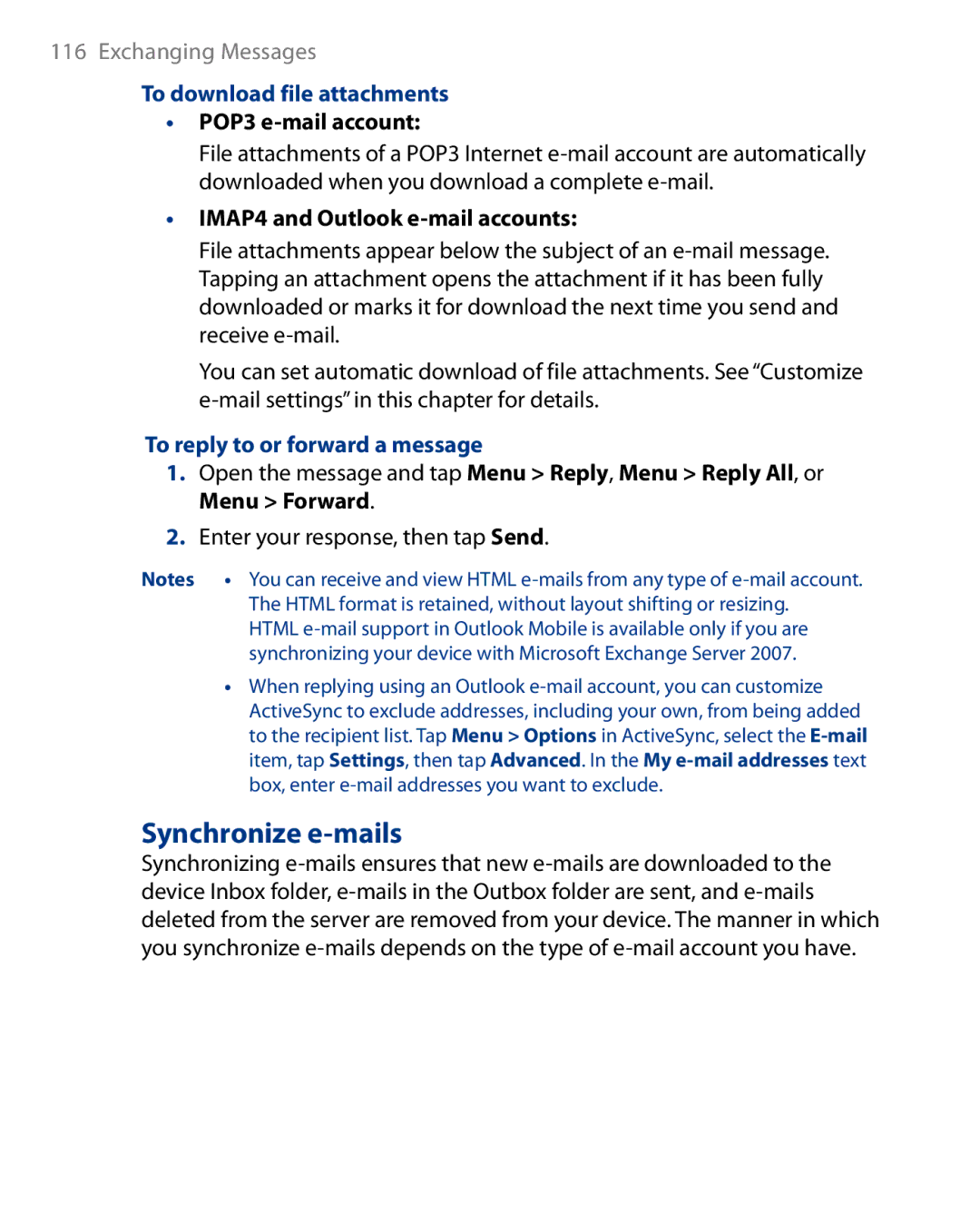 HTC Touch Diamond Phone user manual Synchronize e-mails, To download file attachments, POP3 e-mail account 