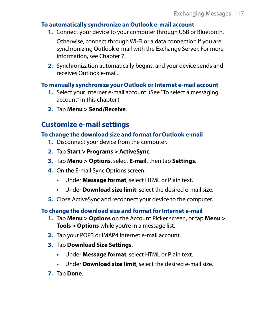 HTC Touch Diamond Phone user manual Customize e-mail settings, To automatically synchronize an Outlook e-mail account 