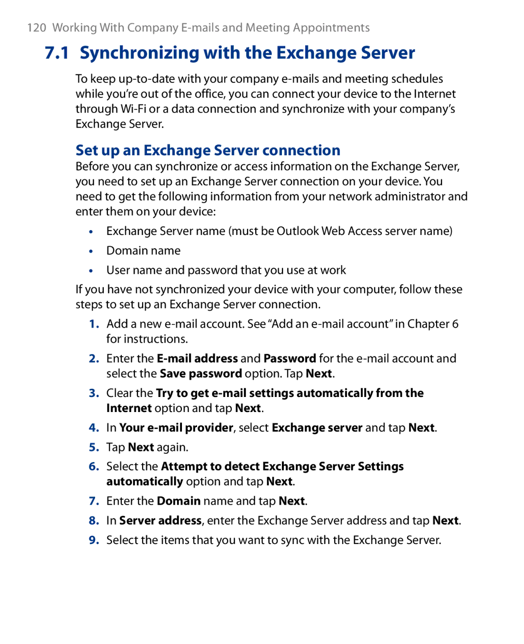 HTC Touch Diamond Phone Synchronizing with the Exchange Server, Set up an Exchange Server connection, Tap Next again 