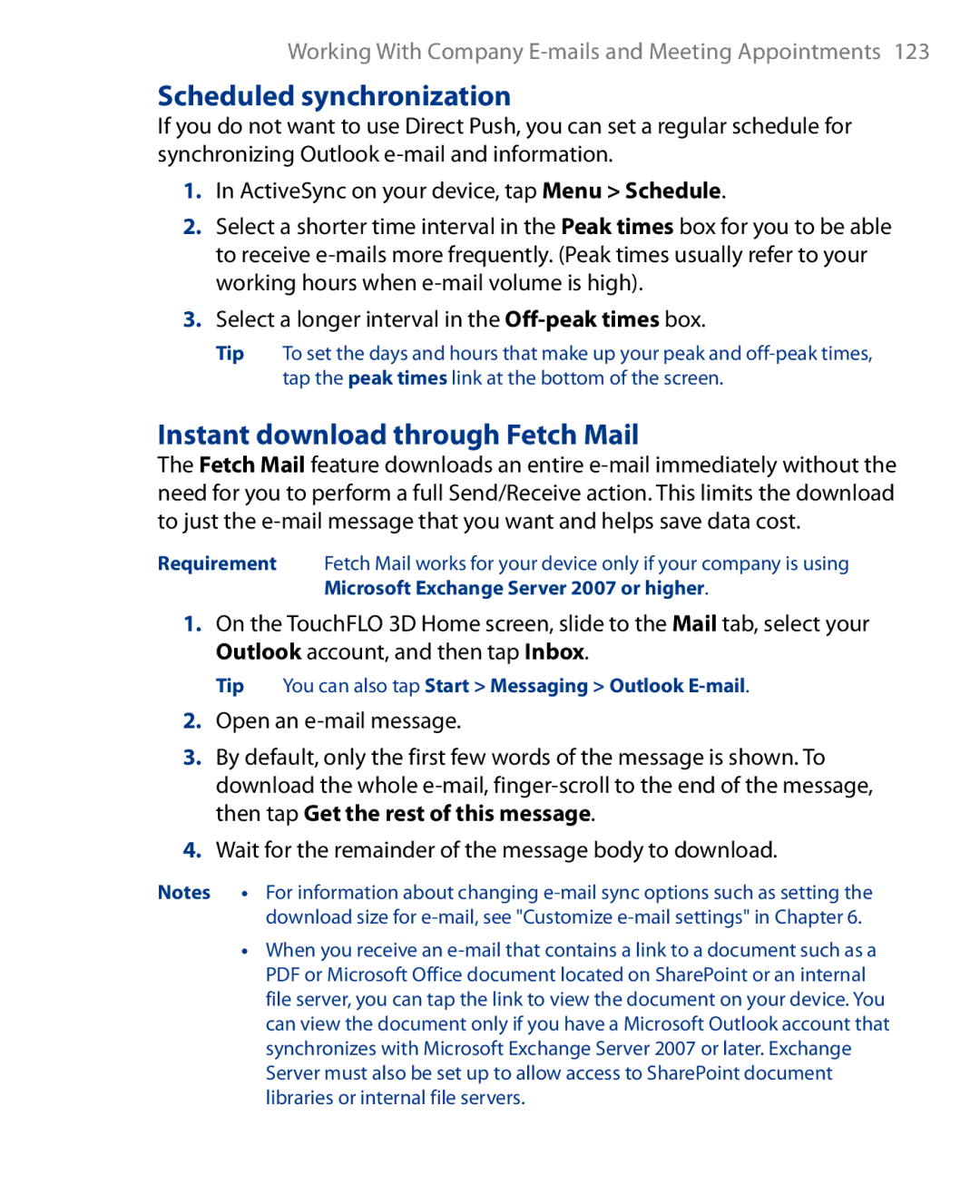 HTC Touch Diamond Phone user manual Scheduled synchronization, Instant download through Fetch Mail 