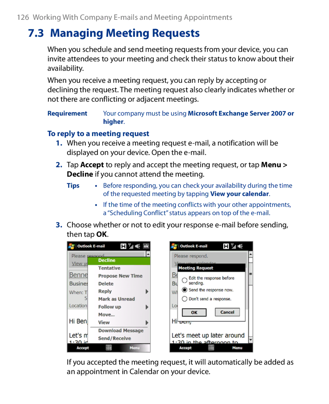 HTC Touch Diamond Phone user manual Managing Meeting Requests, To reply to a meeting request 