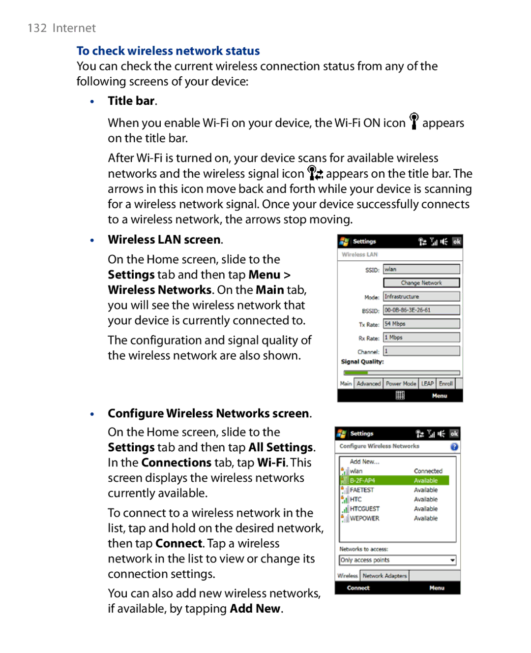 HTC Touch Diamond Phone user manual To check wireless network status, Title bar, Wireless LAN screen 