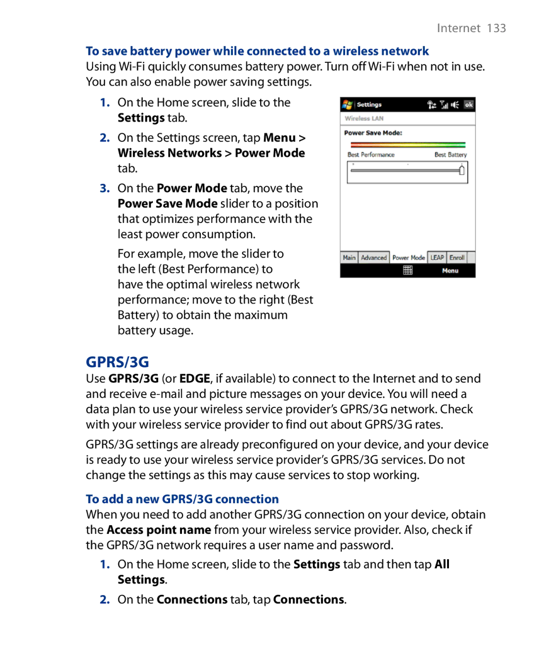 HTC Touch Diamond Phone To save battery power while connected to a wireless network, Wireless Networks Power Mode tab 