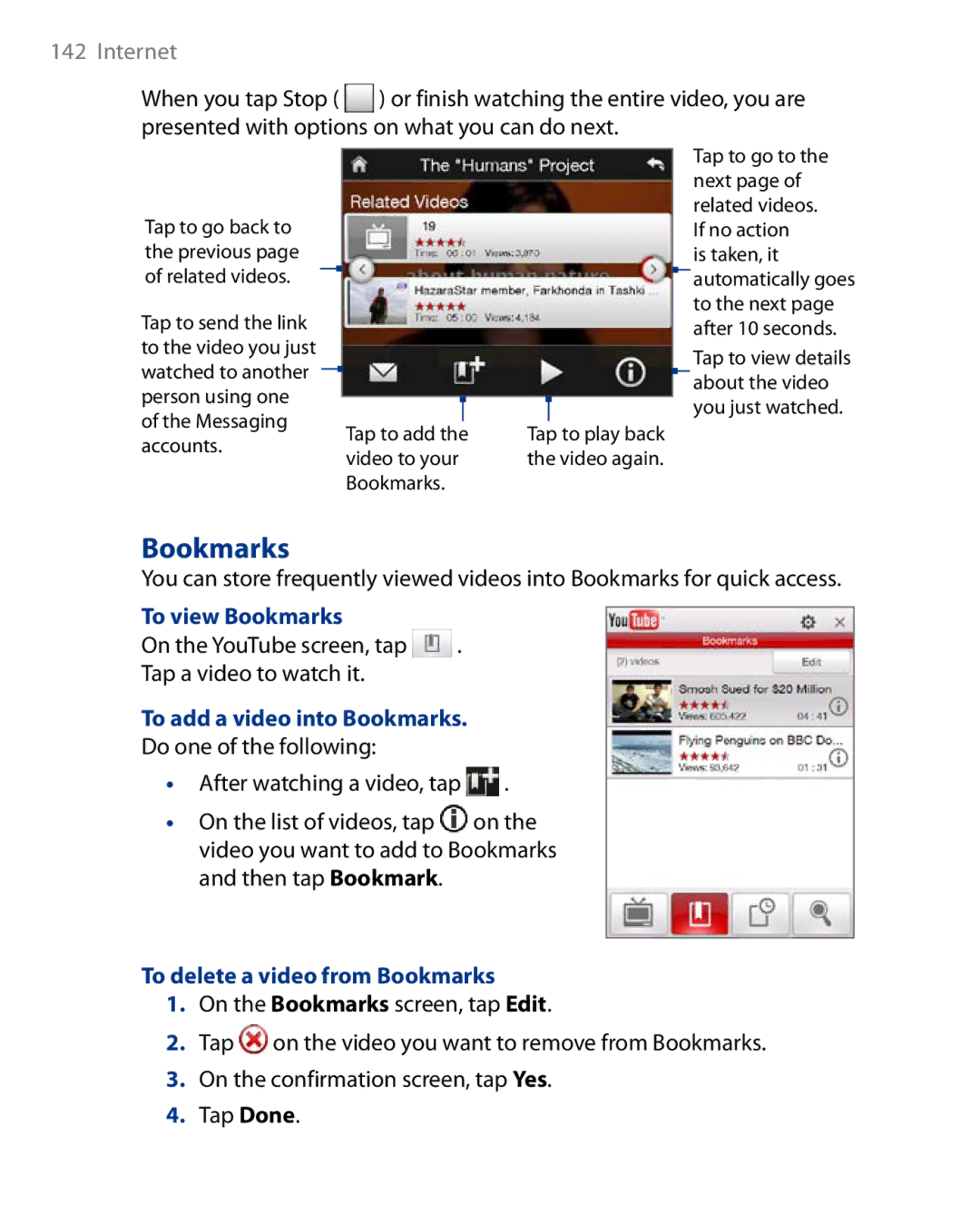 HTC Touch Diamond Phone user manual To view Bookmarks, To add a video into Bookmarks, To delete a video from Bookmarks 