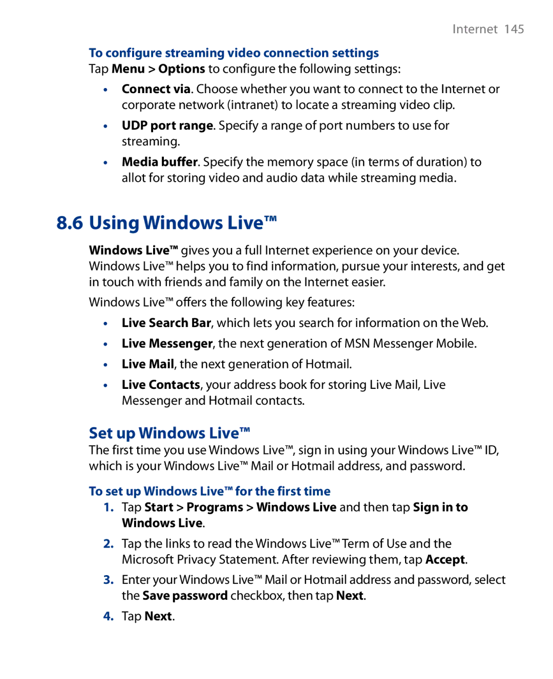 HTC Touch Diamond Phone user manual Set up Windows Live, To configure streaming video connection settings, Tap Next 