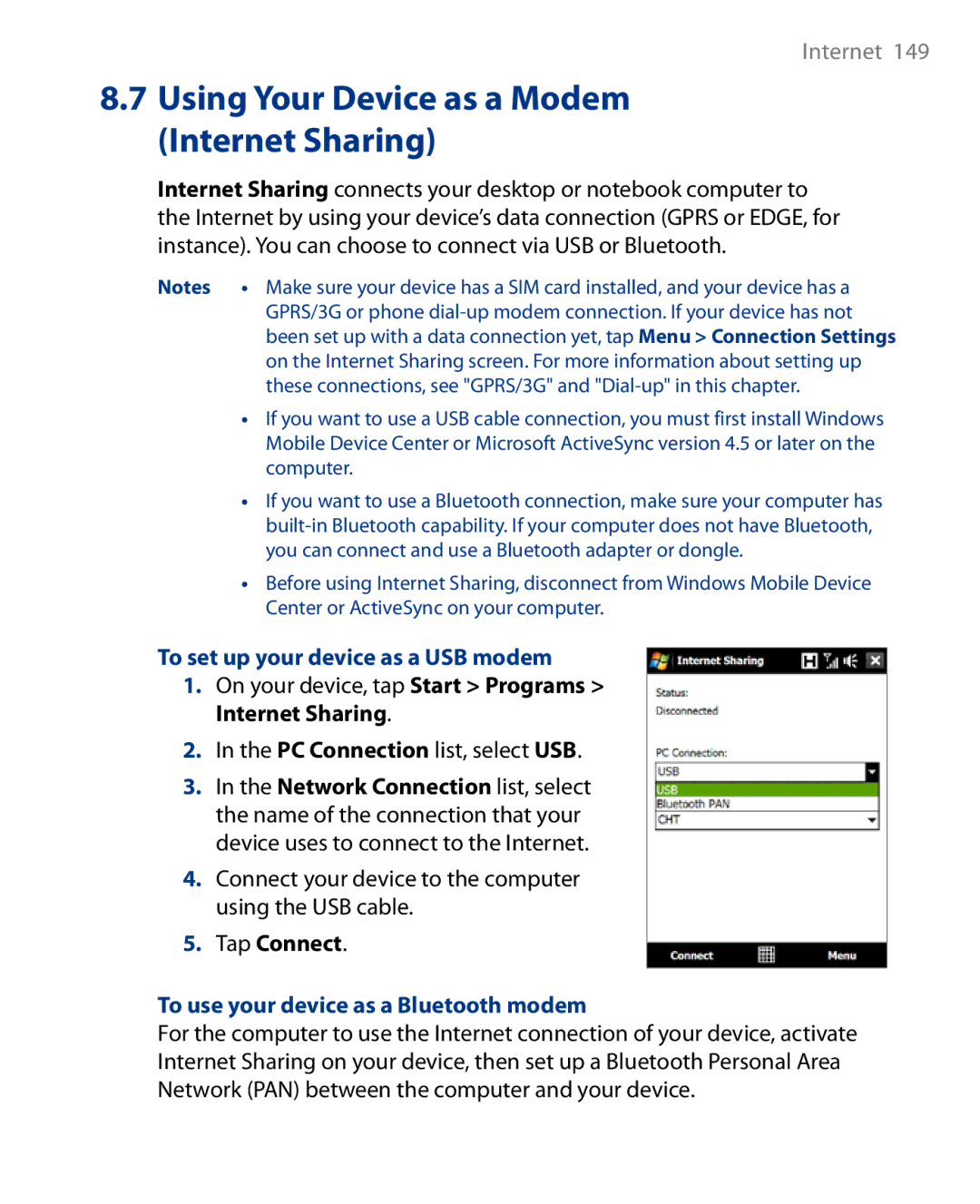 HTC Touch Diamond Phone user manual Using Your Device as a Modem Internet Sharing, To set up your device as a USB modem 