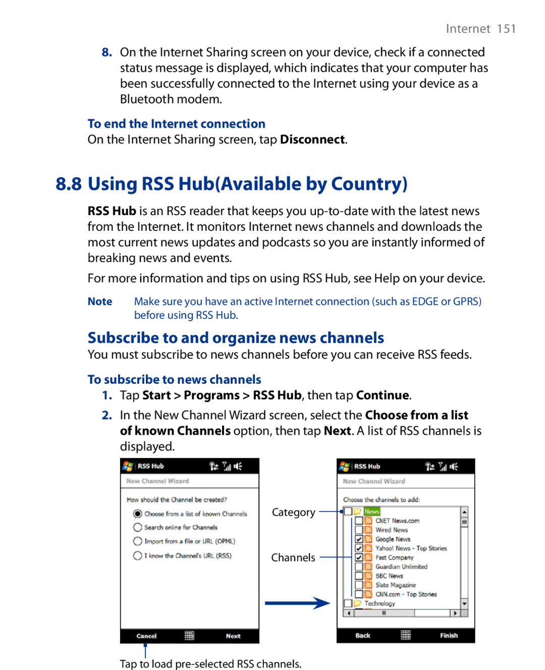 HTC Touch Diamond Phone user manual Using RSS HubAvailable by Country, Subscribe to and organize news channels 