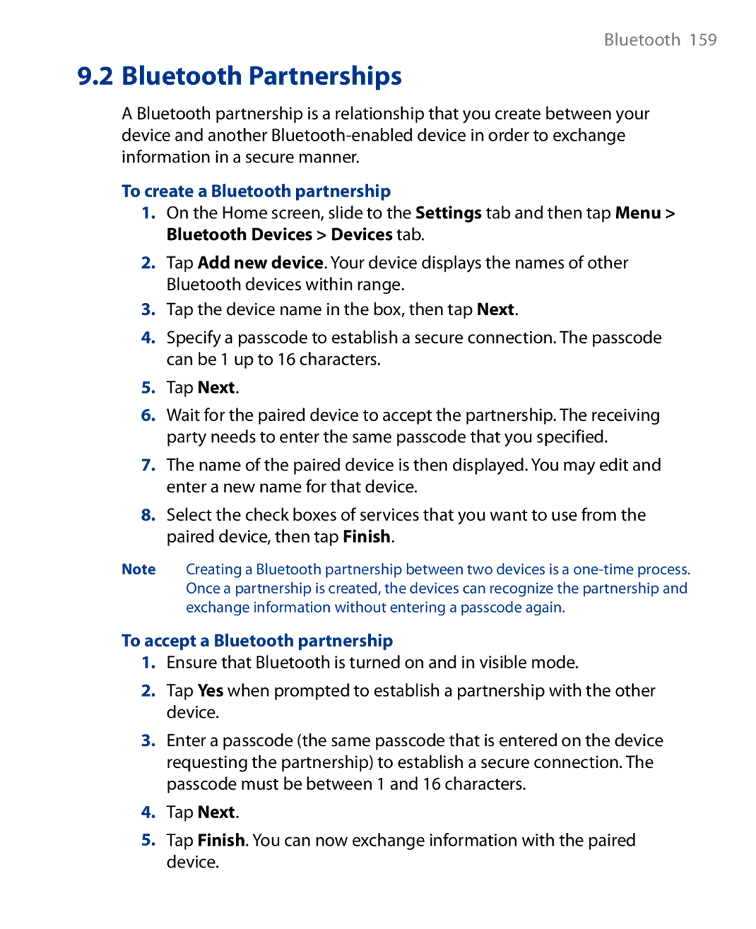 HTC Touch Diamond Phone user manual To create a Bluetooth partnership, To accept a Bluetooth partnership 