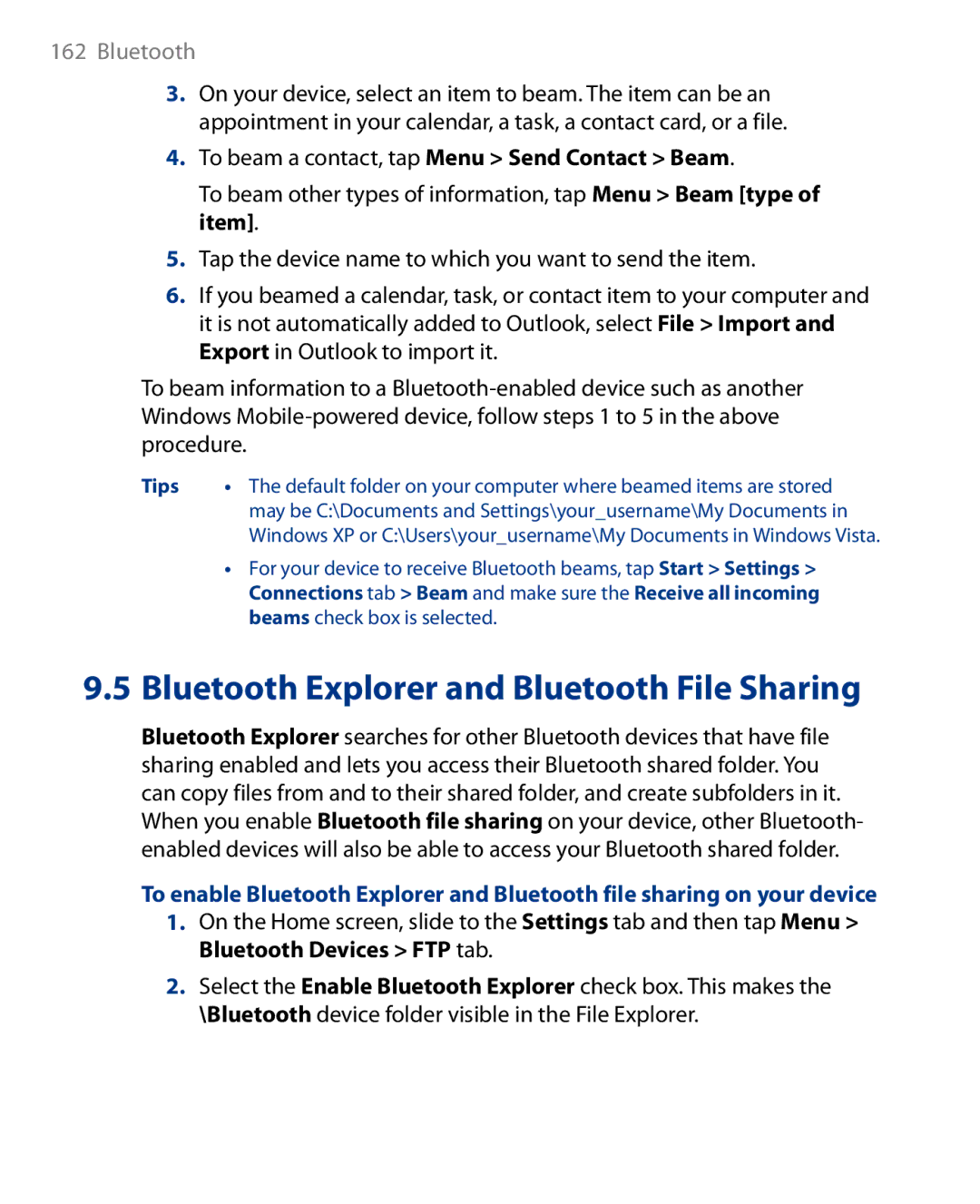 HTC Touch Diamond Phone Bluetooth Explorer and Bluetooth File Sharing, To beam a contact, tap Menu Send Contact Beam 