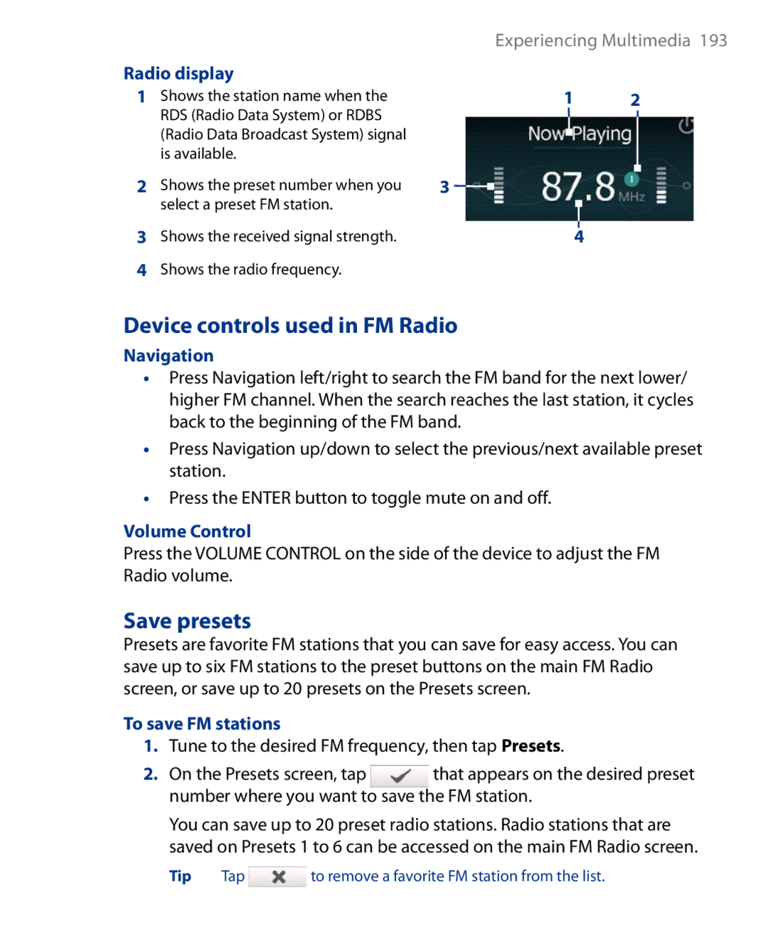 HTC Touch Diamond Phone user manual Device controls used in FM Radio, Save presets 