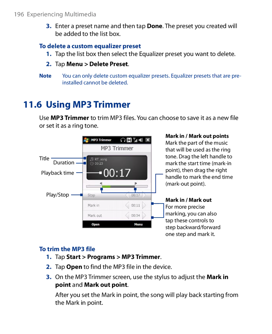 HTC Touch Diamond Phone user manual To delete a custom equalizer preset, Tap Menu Delete Preset, To trim the MP3 file 