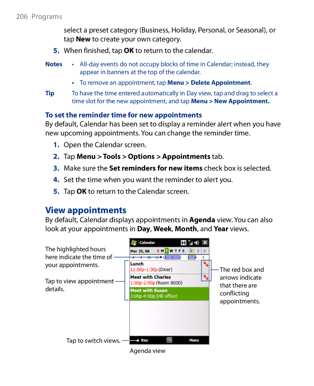 HTC Touch Diamond Phone View appointments, To set the reminder time for new appointments, Open the Calendar screen 