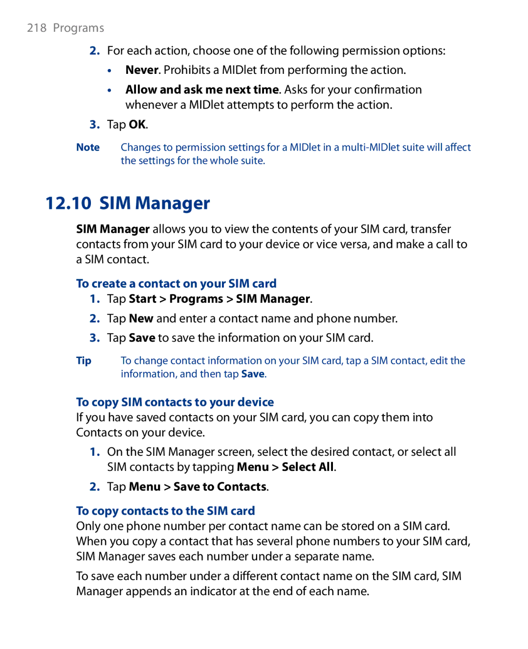 HTC Touch Diamond Phone user manual SIM Manager, To create a contact on your SIM card, To copy SIM contacts to your device 