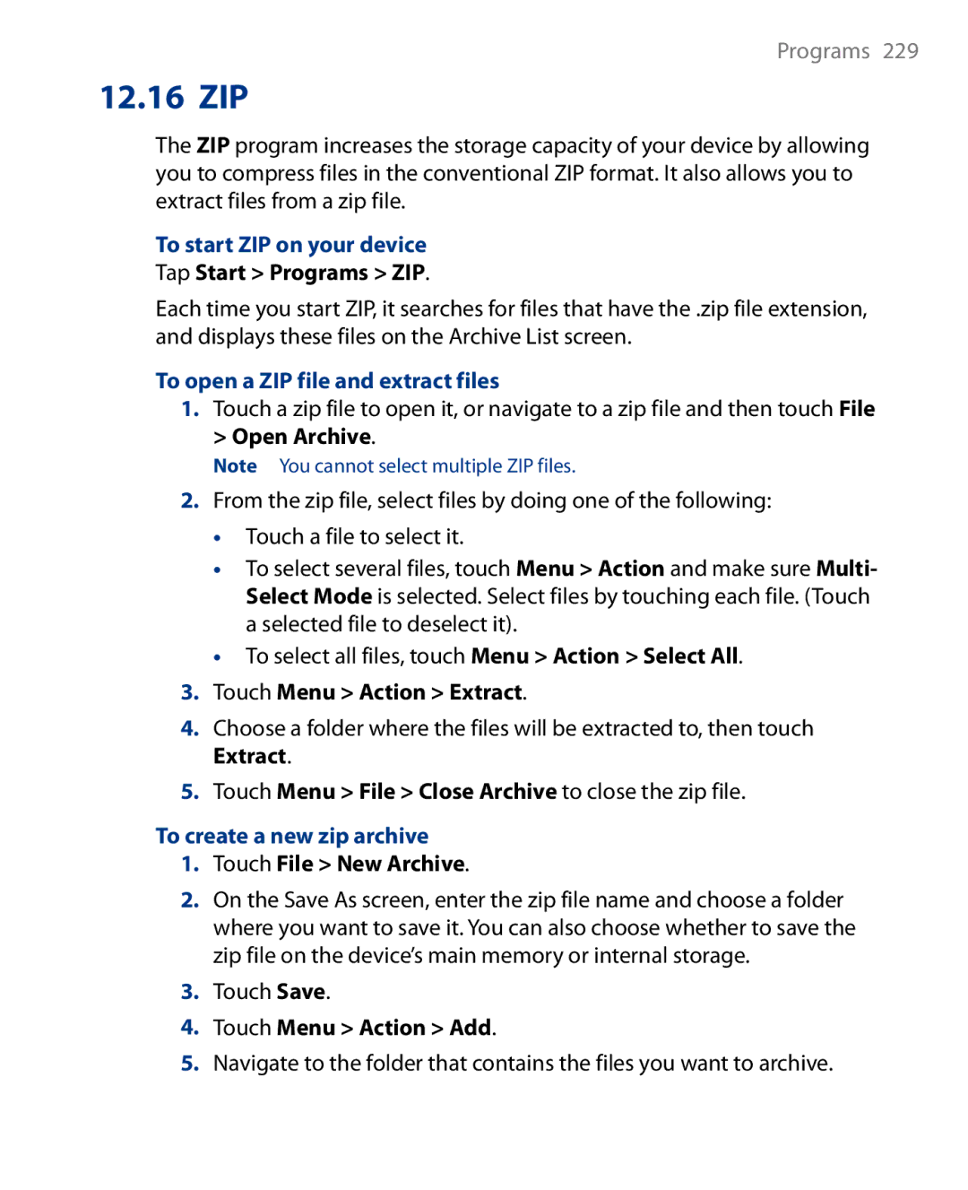 HTC Touch Diamond Phone To start ZIP on your device, To open a ZIP file and extract files, To create a new zip archive 