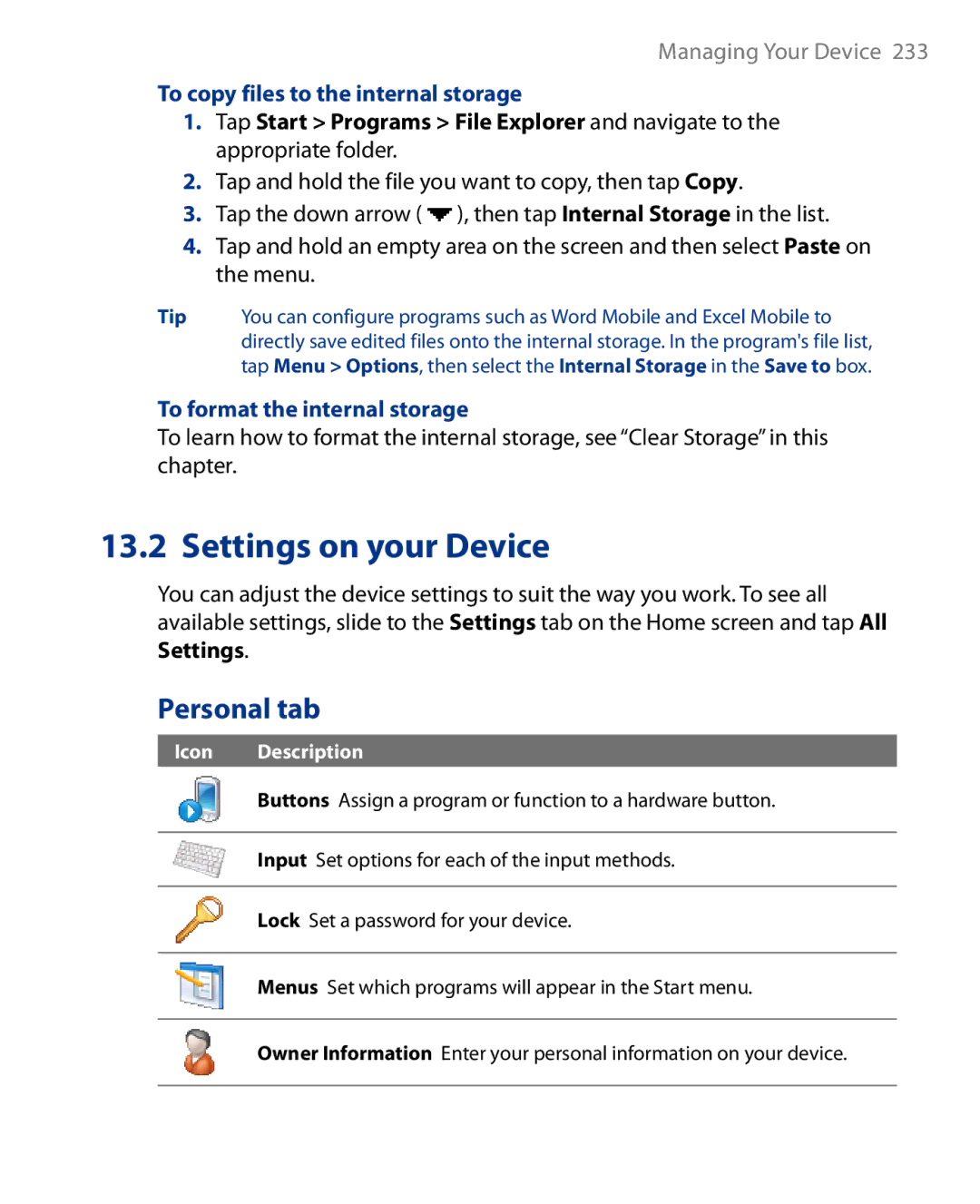 HTC Touch Diamond Phone user manual Personal tab, To copy files to the internal storage, To format the internal storage 