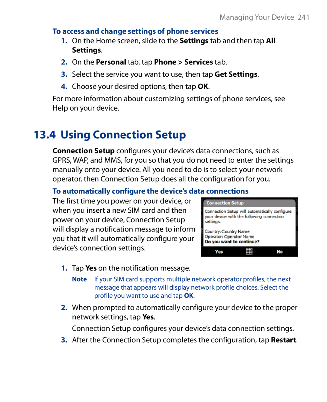 HTC Touch Diamond Phone To access and change settings of phone services, On the Personal tab, tap Phone Services tab 