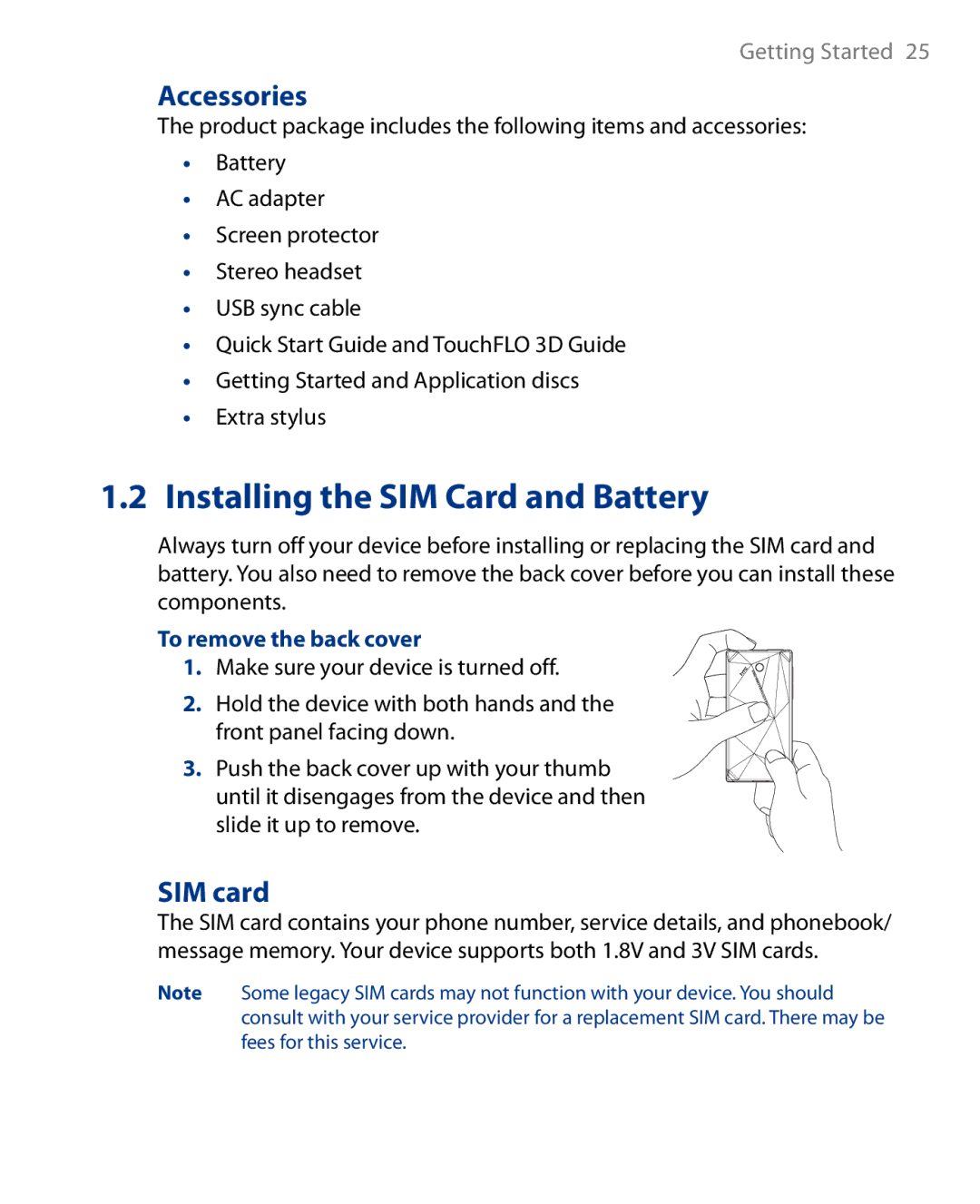 HTC Touch Diamond Phone user manual Installing the SIM Card and Battery, Accessories, SIM card, To remove the back cover 