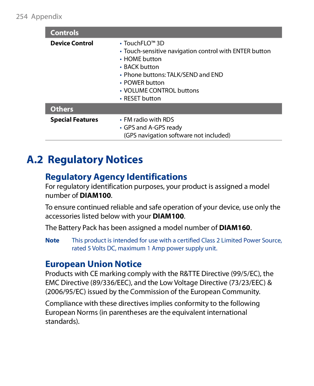 HTC Touch Diamond Phone user manual Regulatory Agency Identifications, European Union Notice 