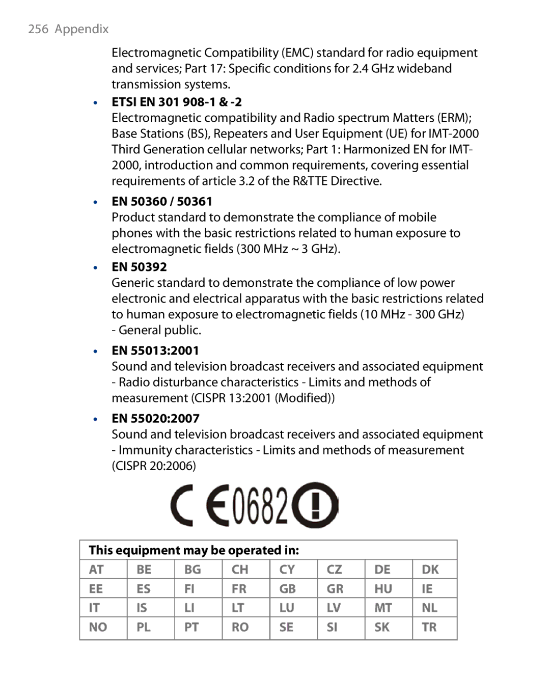 HTC Touch Diamond Phone user manual Etsi EN 301 908-1, EN 50360, This equipment may be operated 