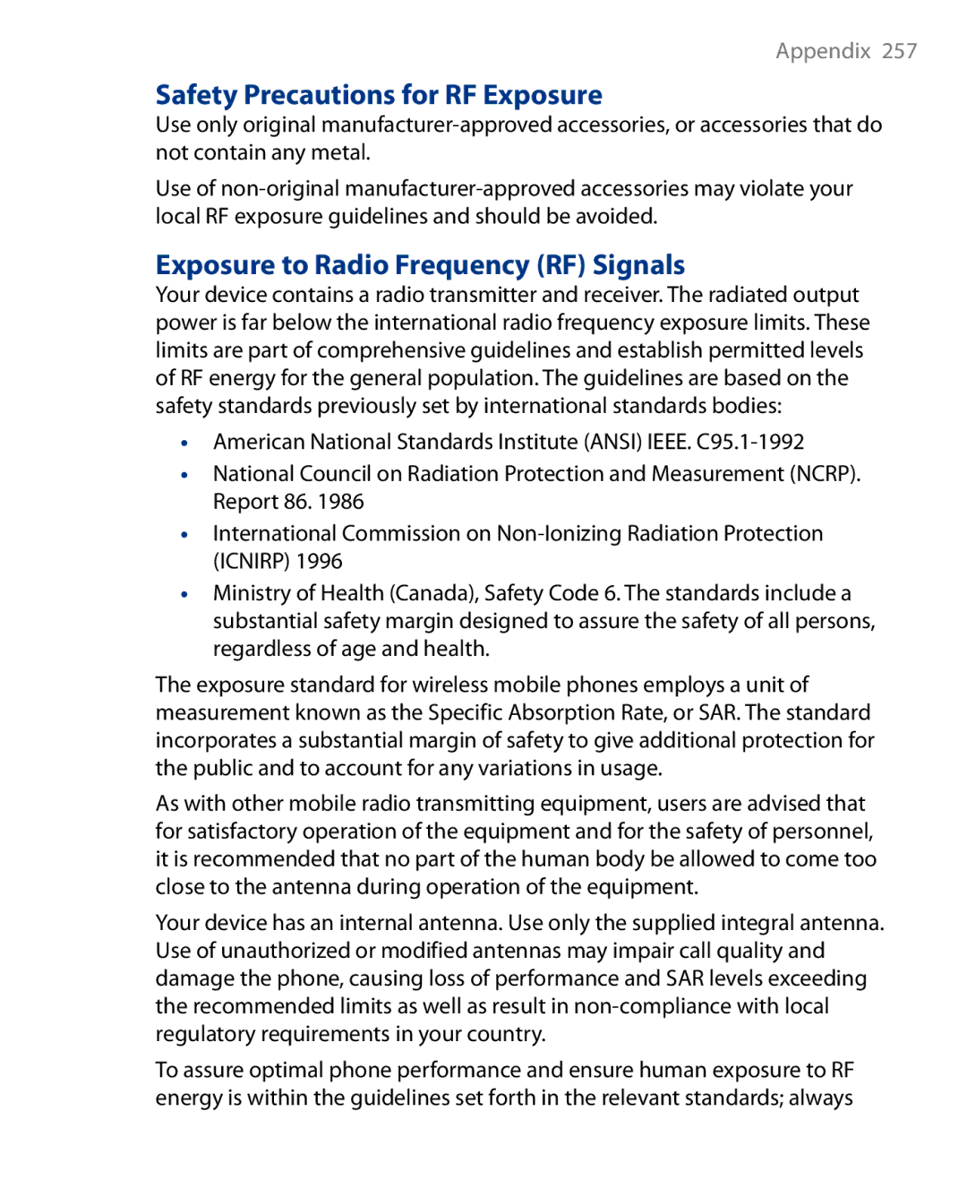 HTC Touch Diamond Phone user manual Safety Precautions for RF Exposure, Exposure to Radio Frequency RF Signals 