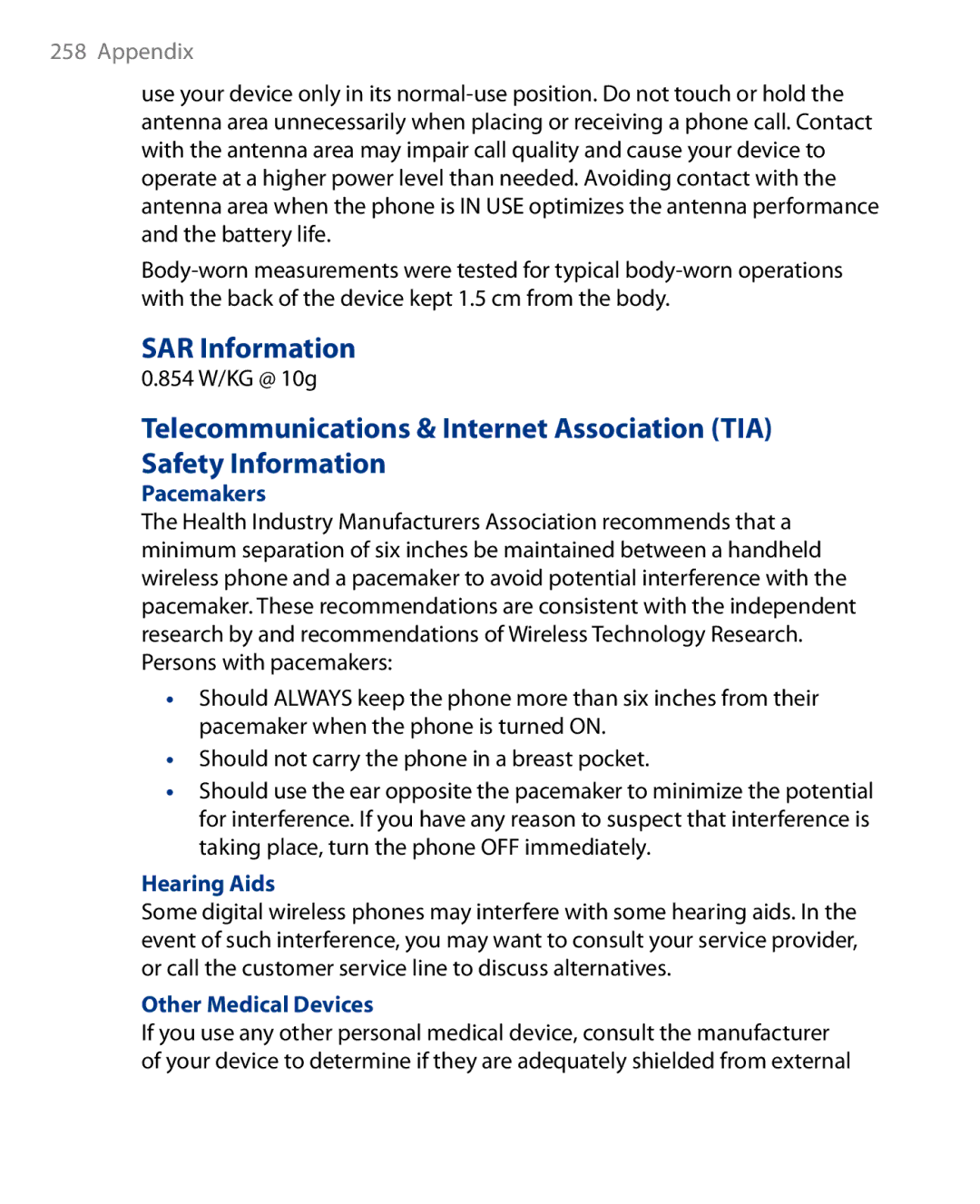 HTC Touch Diamond Phone user manual SAR Information, 854 W/KG @ 10g, Pacemakers, Hearing Aids, Other Medical Devices 