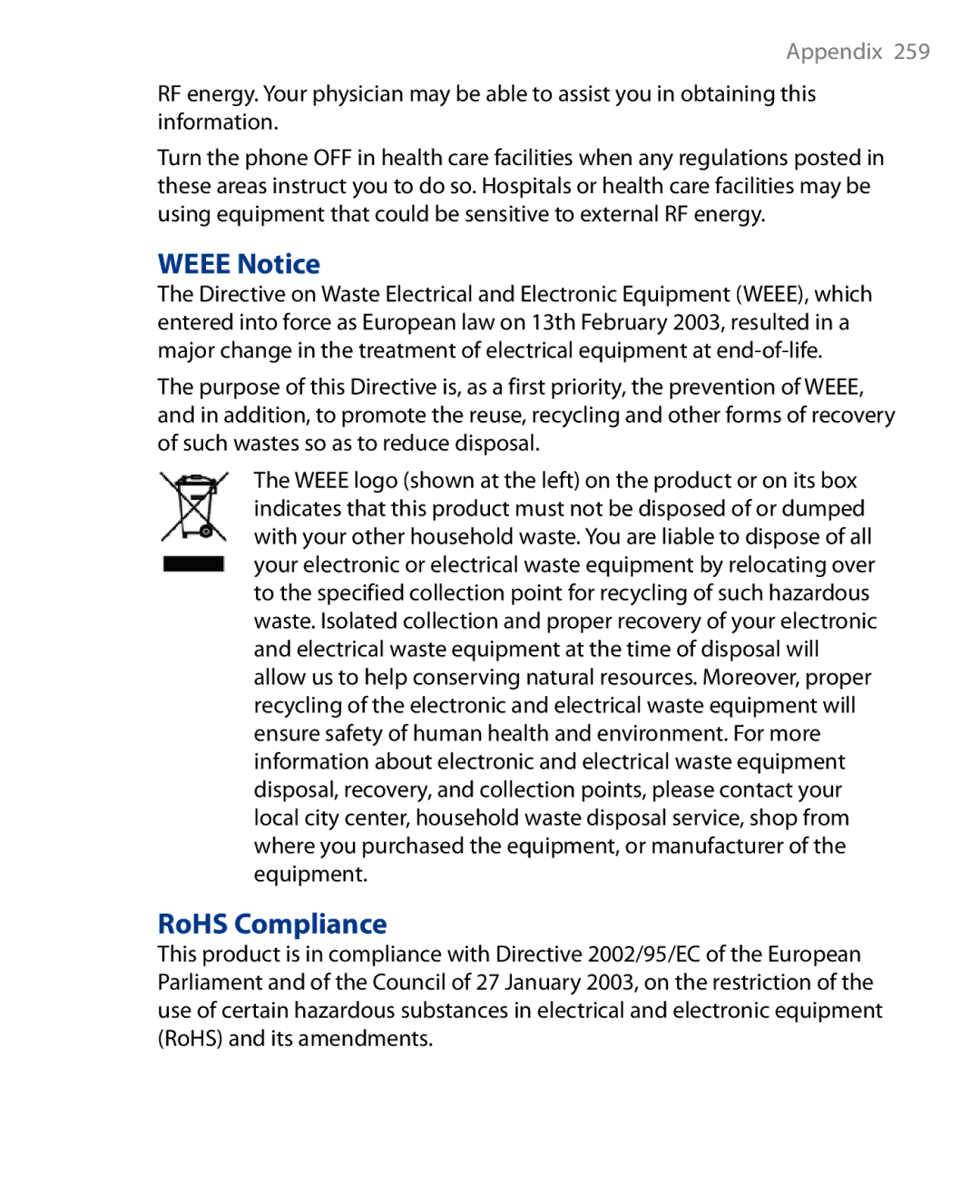 HTC Touch Diamond Phone user manual Weee Notice, RoHS Compliance 