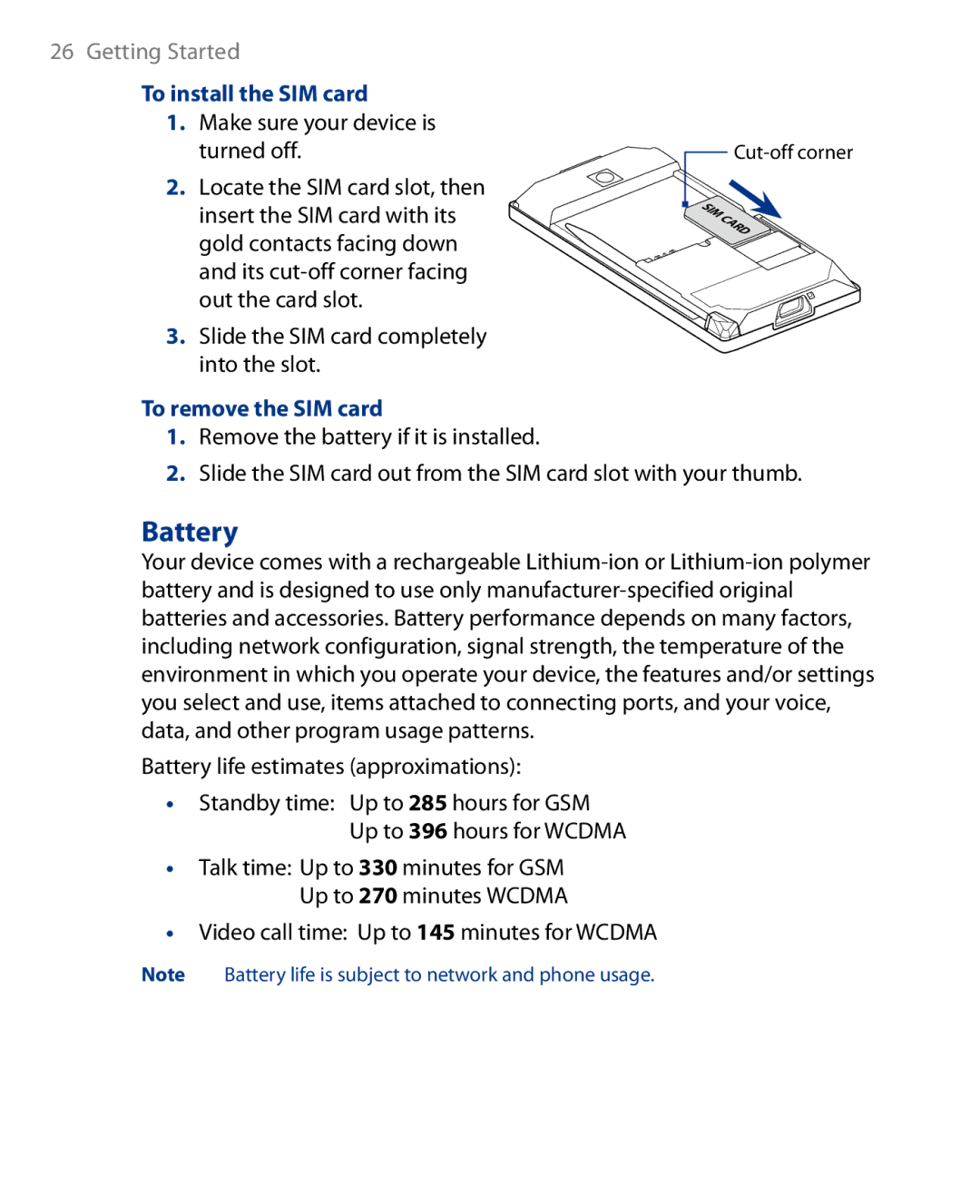 HTC Touch Diamond Phone user manual Battery, To install the SIM card, To remove the SIM card 