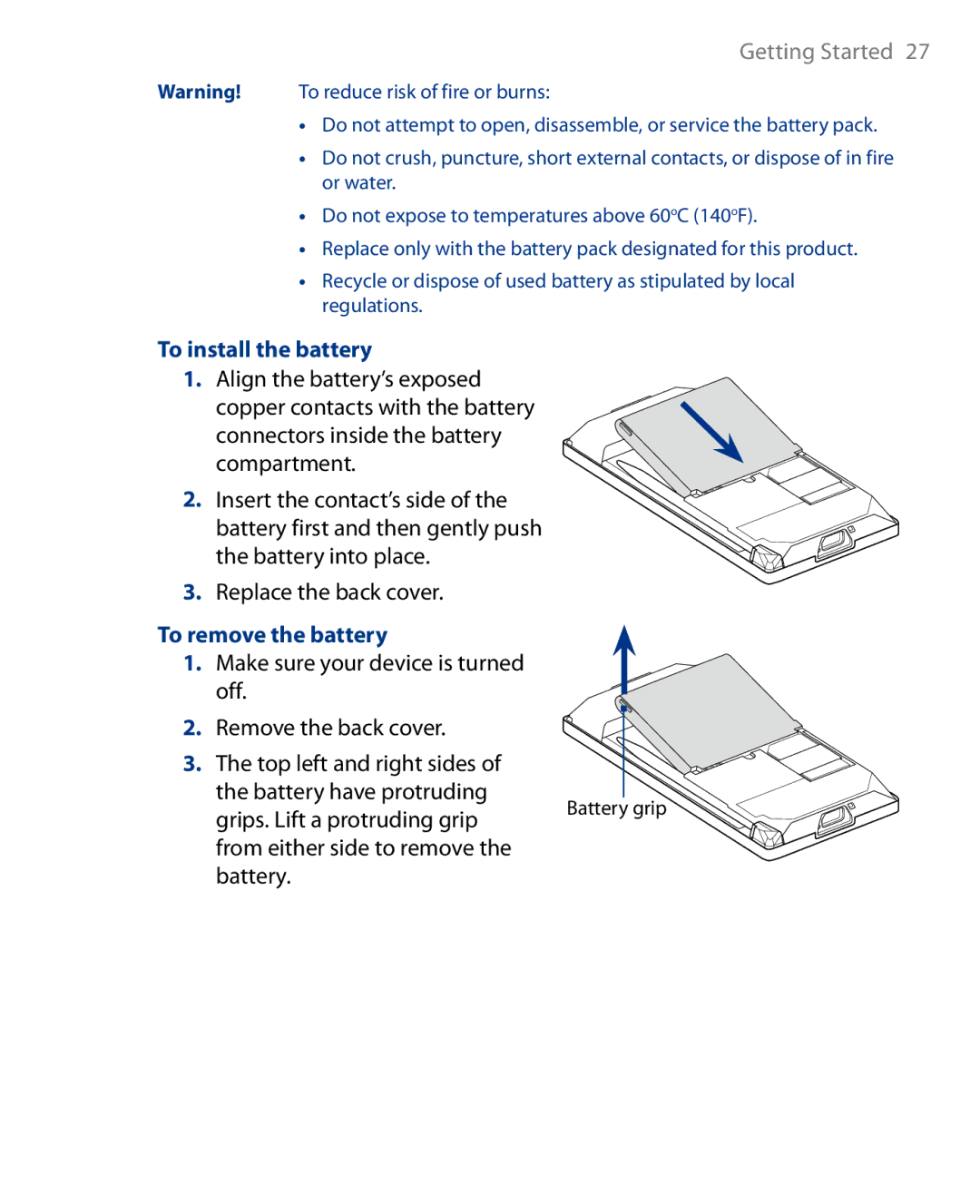 HTC Touch Diamond Phone user manual To install the battery, To remove the battery 