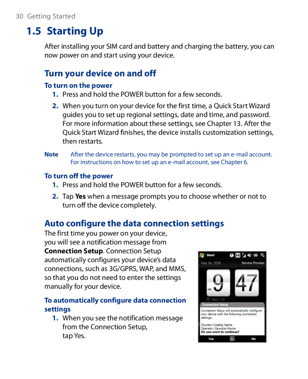 HTC Touch Diamond Phone user manual Starting Up, Turn your device on and off, Auto configure the data connection settings 