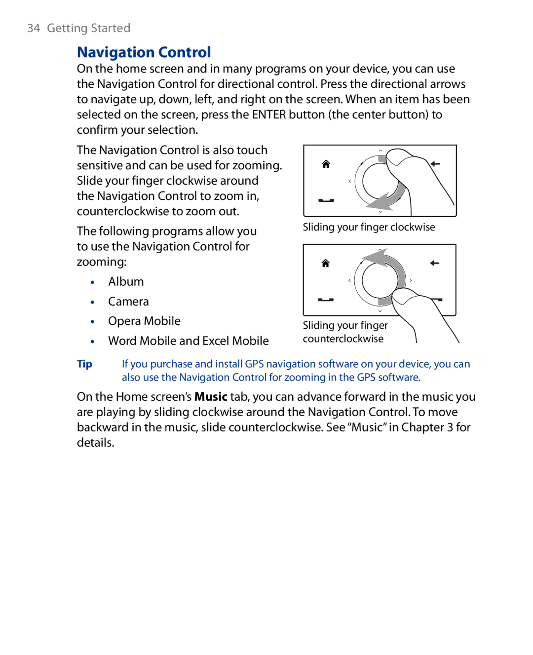 HTC Touch Diamond Phone user manual Navigation Control, Following programs allow you, Word Mobile and Excel Mobile 