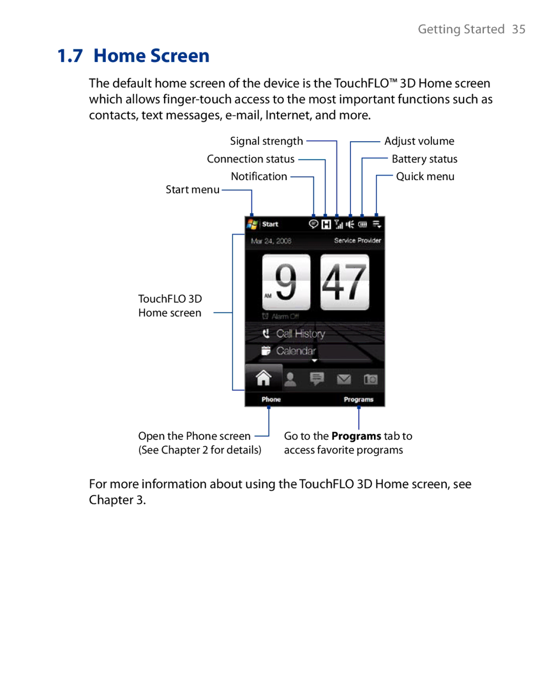 HTC Touch Diamond Phone user manual Home Screen 