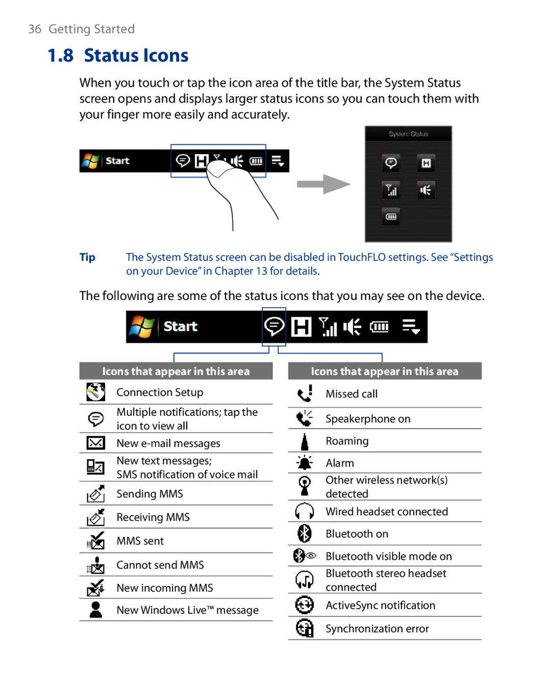 HTC Touch Diamond Phone user manual Status Icons, Tip 