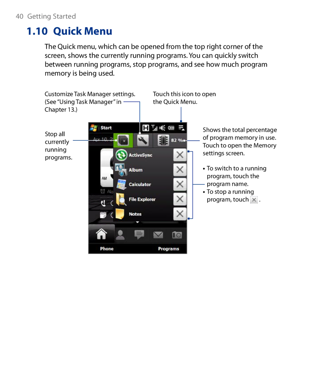 HTC Touch Diamond Phone user manual Quick Menu 