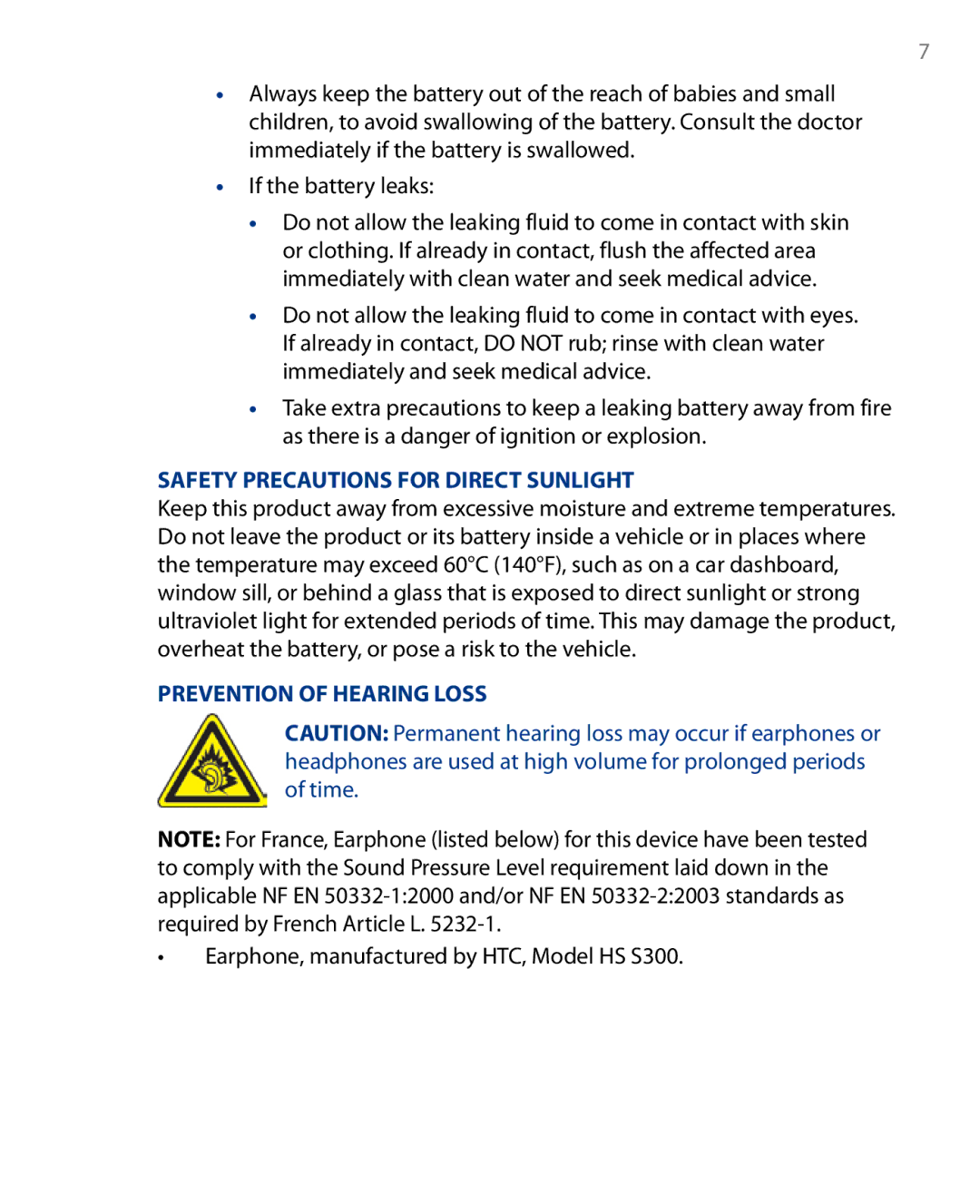 HTC Touch Diamond Phone user manual Safety Precautions for Direct Sunlight, Earphone, manufactured by HTC, Model HS S300 