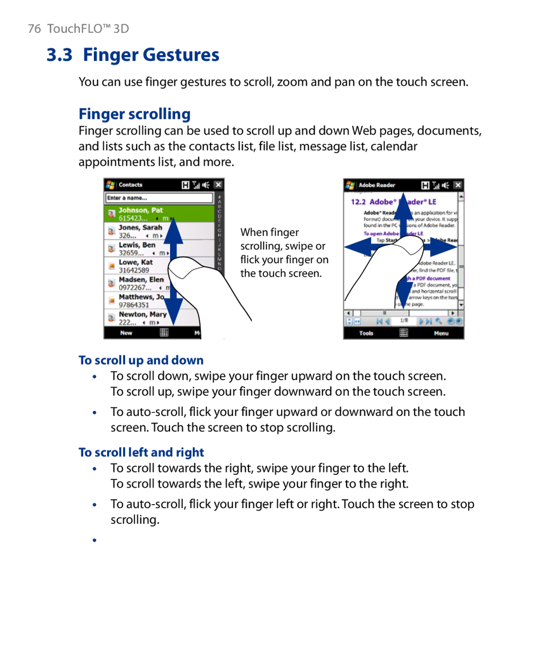 HTC Touch Diamond Phone user manual Finger Gestures, Finger scrolling, To scroll up and down, To scroll left and right 