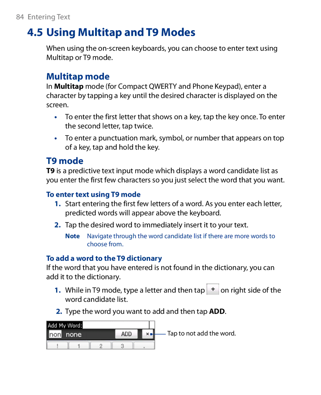 HTC Touch Diamond Phone user manual Multitap mode, To enter text using T9 mode, To add a word to the T9 dictionary 