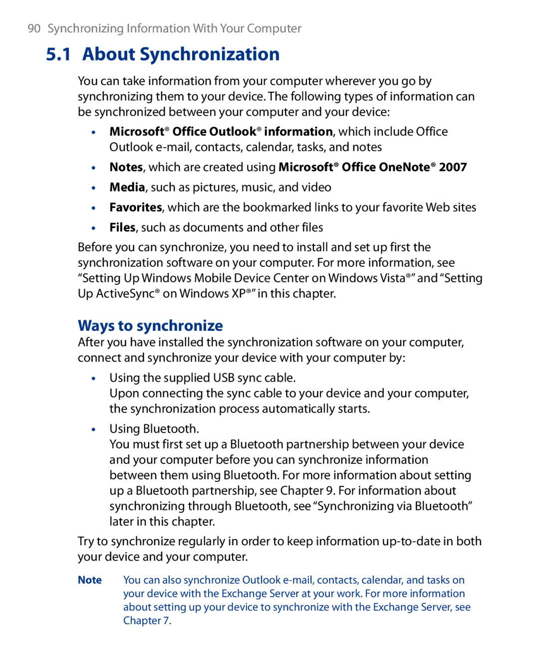 HTC Touch Diamond Phone user manual About Synchronization, Ways to synchronize 