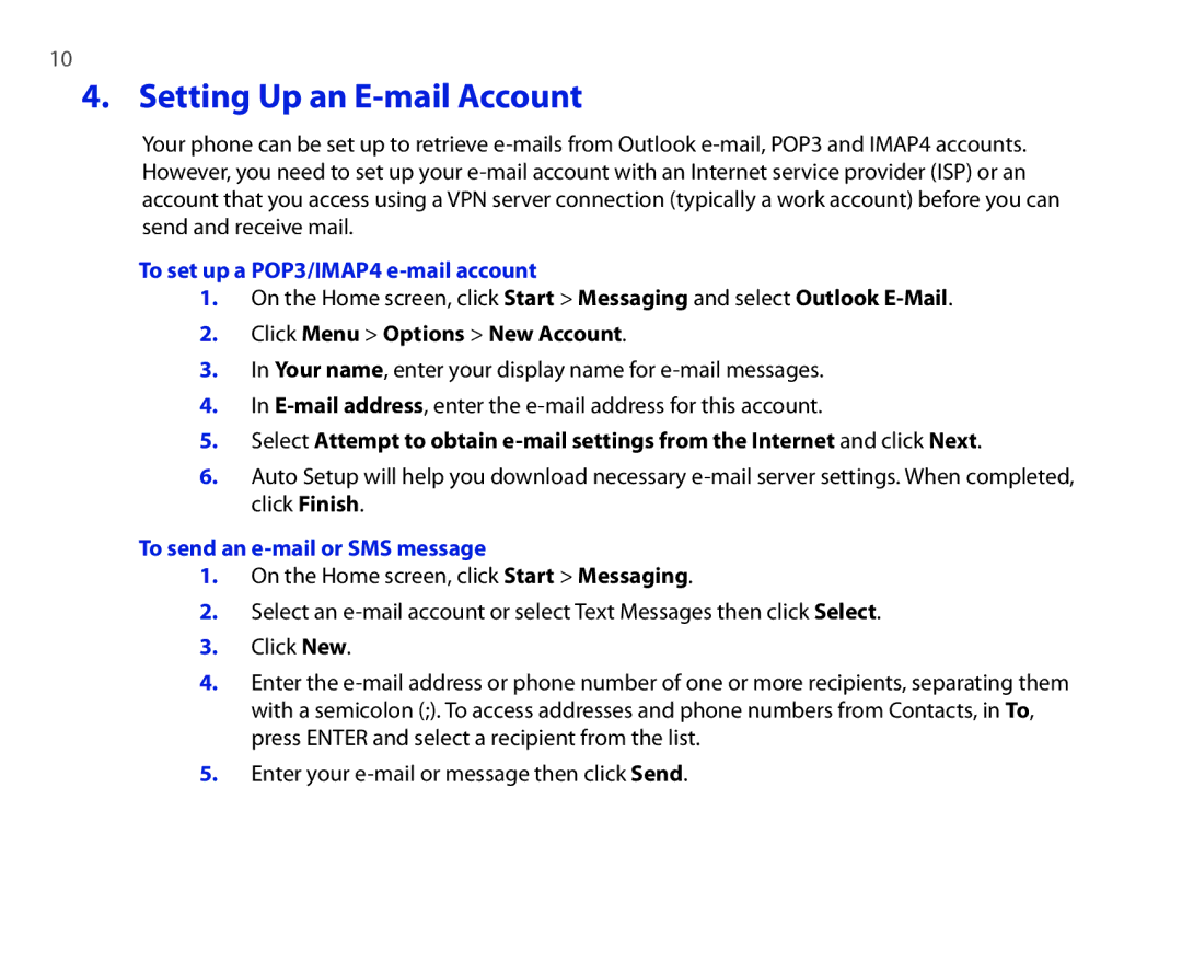 HTC Touch Diamond Setting Up an E-mail Account, To set up a POP3/IMAP4 e-mail account, Click Menu Options New Account 