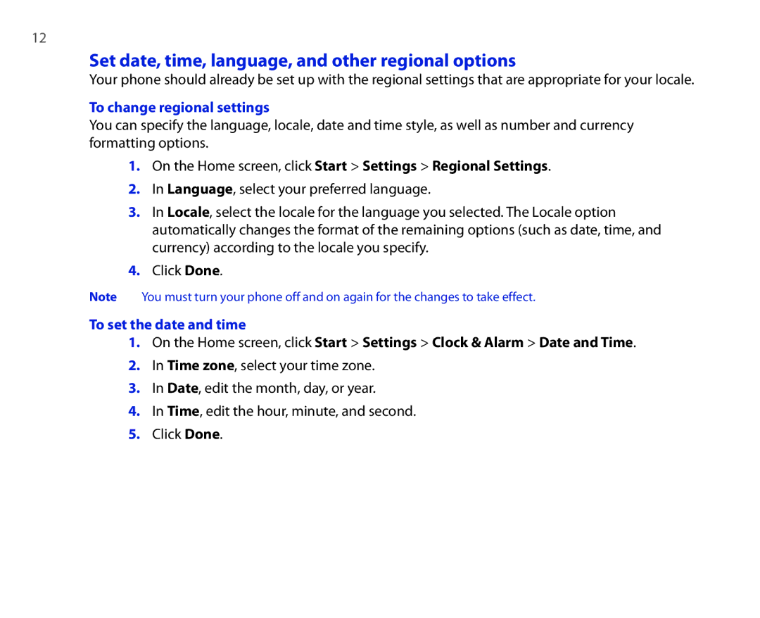 HTC Touch Diamond quick start Set date, time, language, and other regional options, To change regional settings 