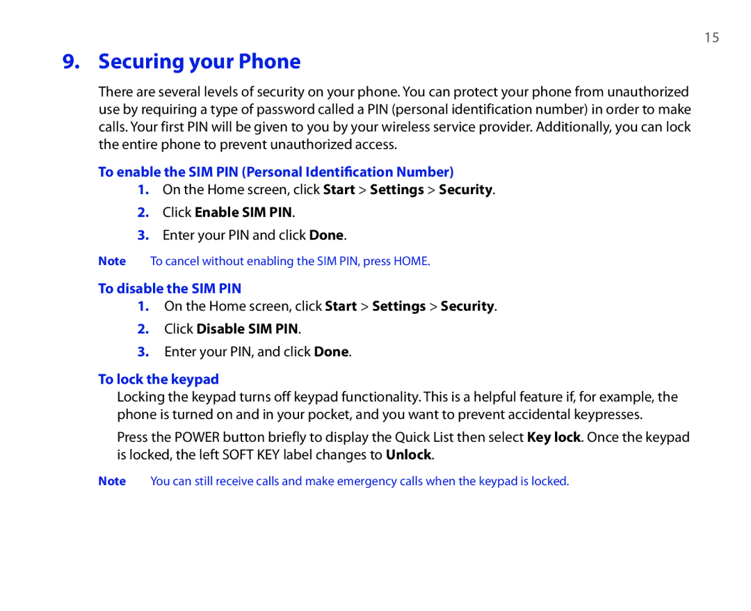 HTC Touch Diamond Securing your Phone, To enable the SIM PIN Personal Identiﬁcation Number, To disable the SIM PIN 