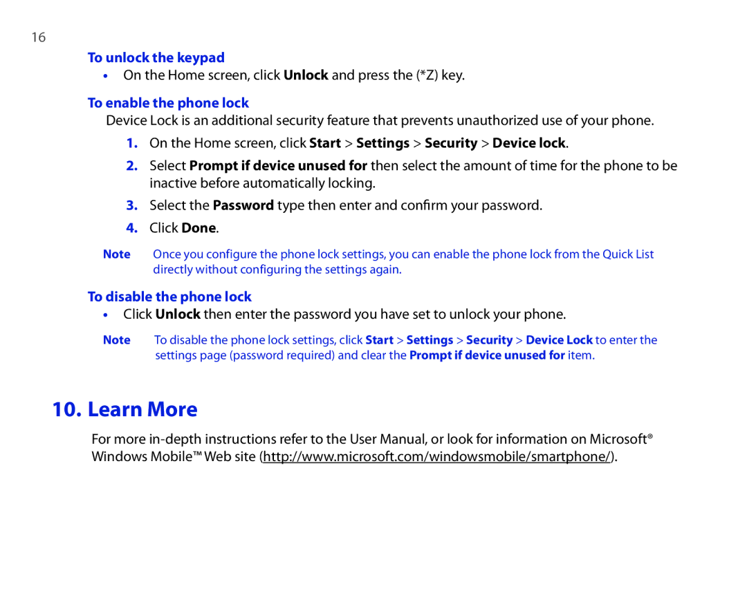 HTC Touch Diamond quick start Learn More, To unlock the keypad, To enable the phone lock, To disable the phone lock 