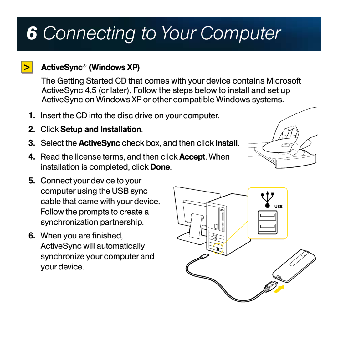 HTC Touch Pro manual Connecting to Your Computer, ActiveSync Windows XP 