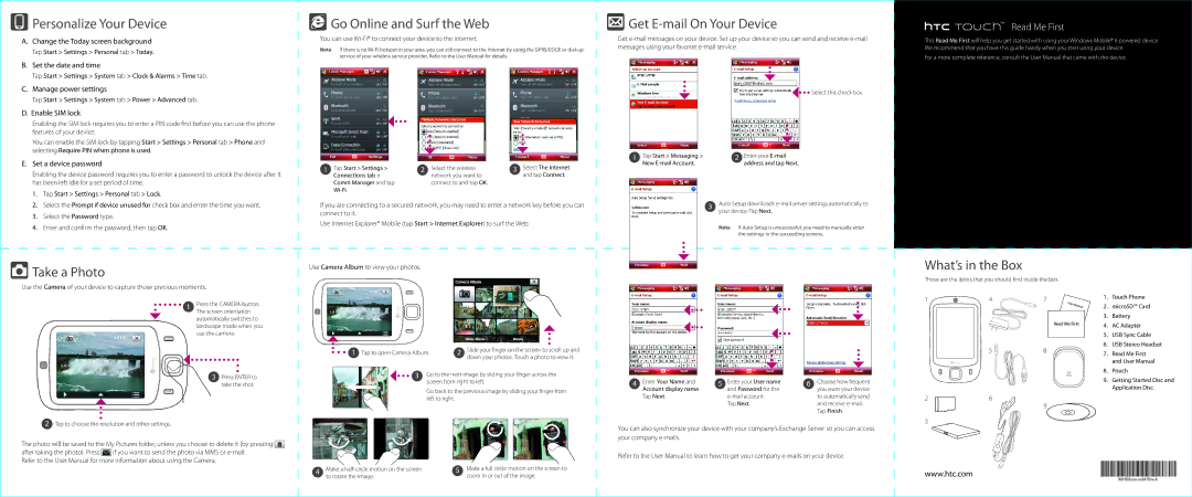 HTC Touch user manual Personalize Your Device, Go Online and Surf the Web, Get E-mail On Your Device, Take a Photo 