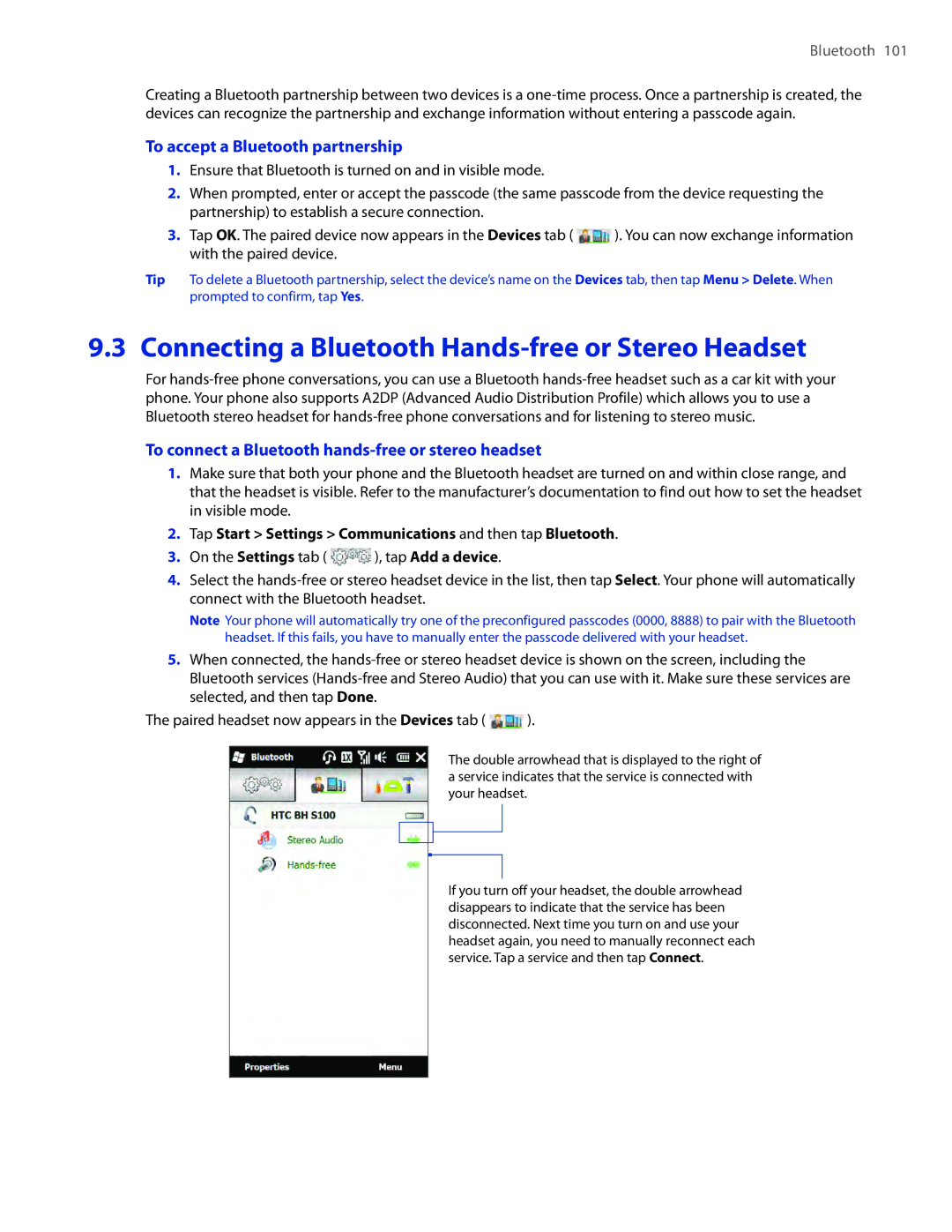 HTC TOUCHPRO2SPT user manual Connecting a Bluetooth Hands-free or Stereo Headset, To accept a Bluetooth partnership 