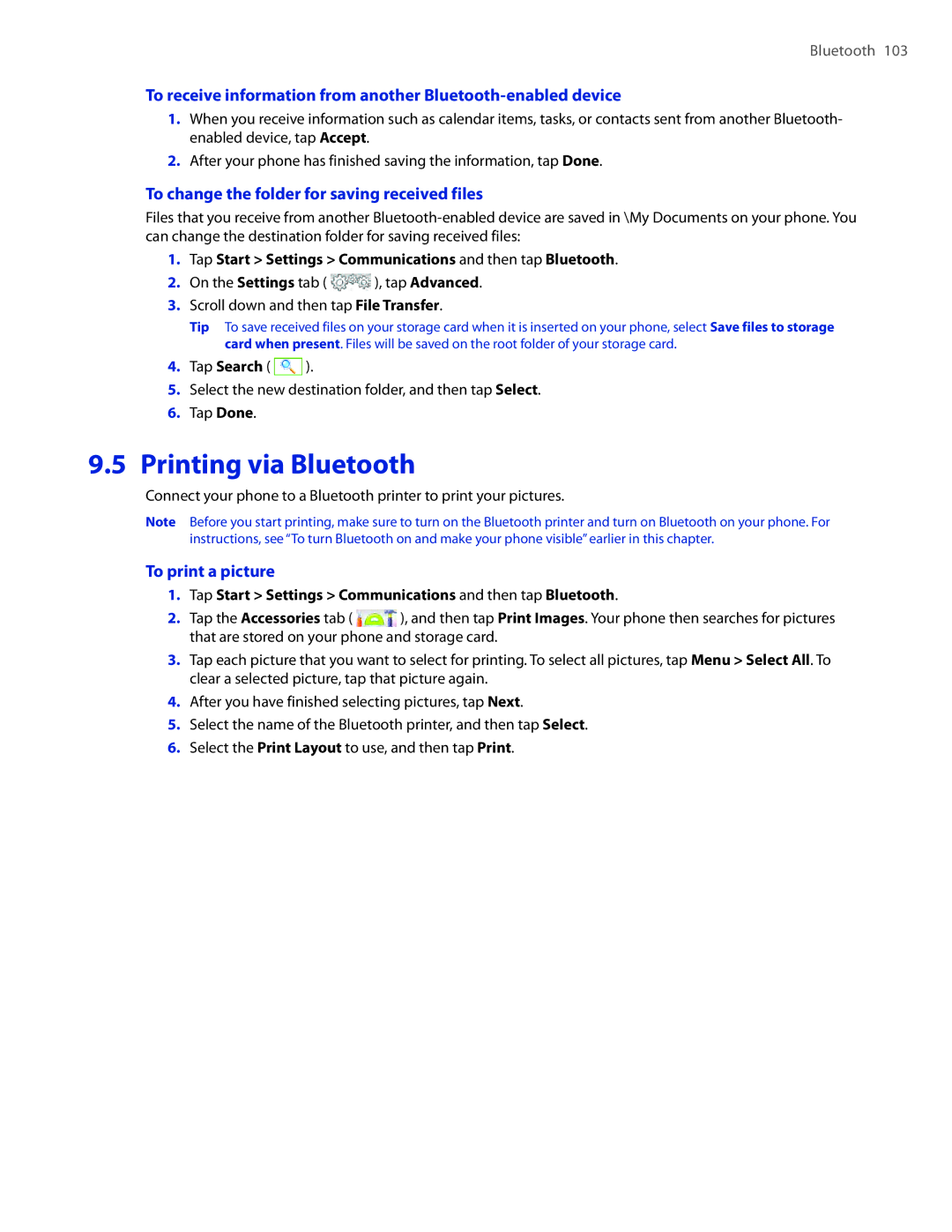 HTC TOUCHPRO2SPT user manual Printing via Bluetooth, To change the folder for saving received files, To print a picture 