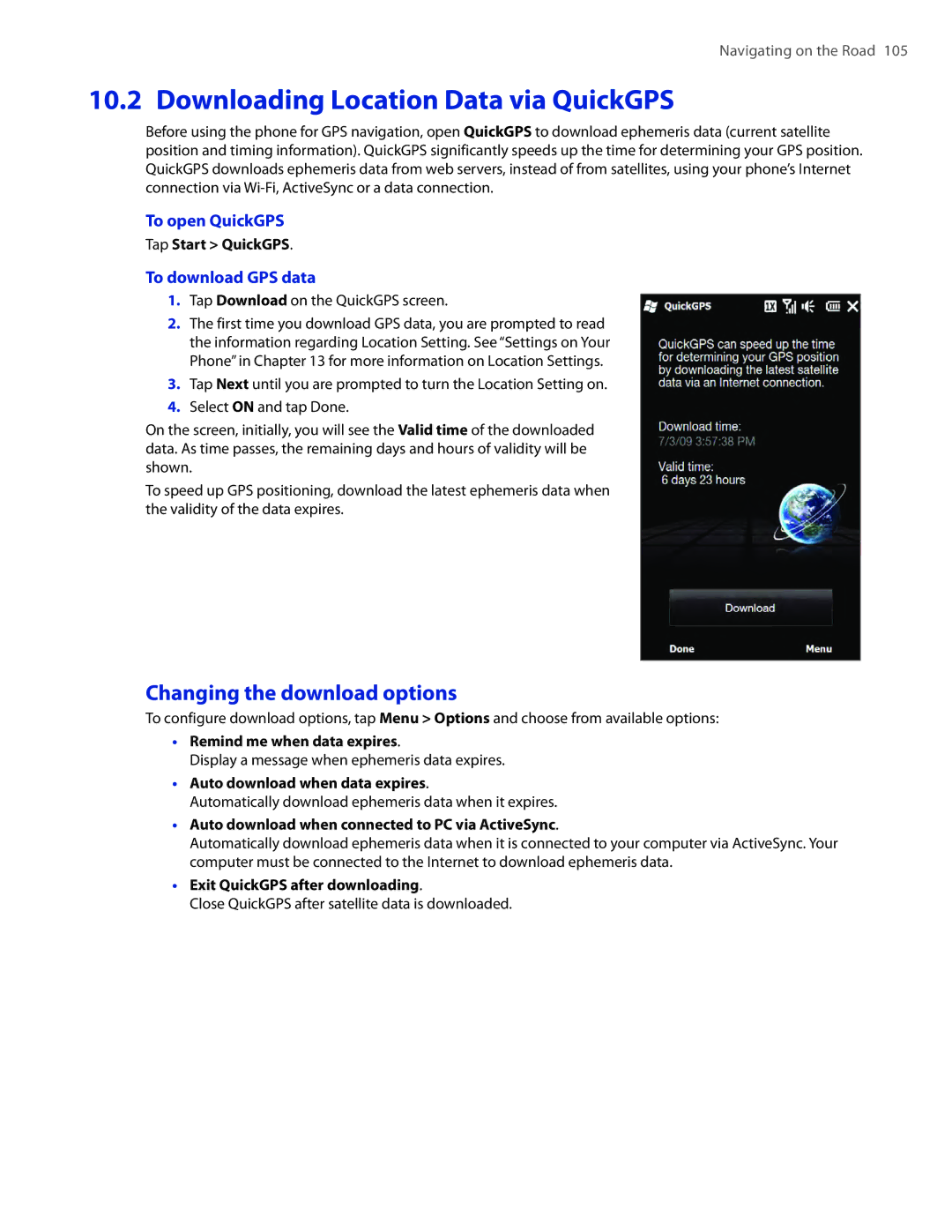 HTC TOUCHPRO2SPT user manual Downloading Location Data via QuickGPS, Changing the download options, To open QuickGPS 