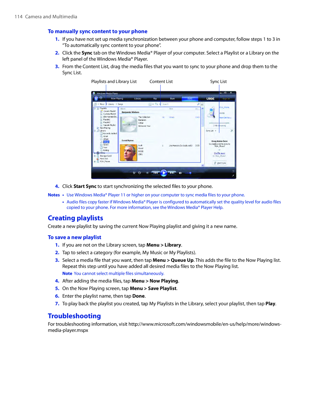 HTC TOUCHPRO2SPT Creating playlists, Troubleshooting, To manually sync content to your phone, To save a new playlist 