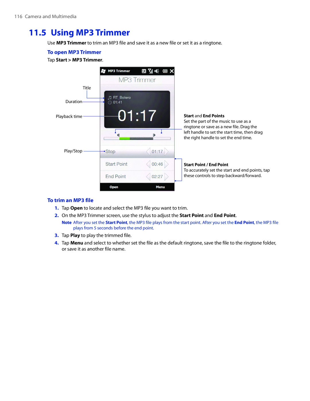 HTC TOUCHPRO2SPT user manual Using MP3 Trimmer, To open MP3 Trimmer, To trim an MP3 file, Tap Start MP3 Trimmer 