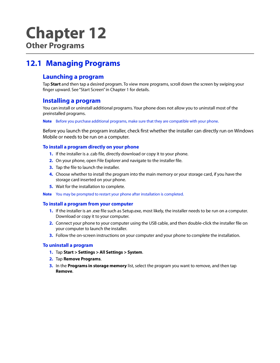 HTC TOUCHPRO2SPT user manual Other Programs, Managing Programs, Launching a program, Installing a program 