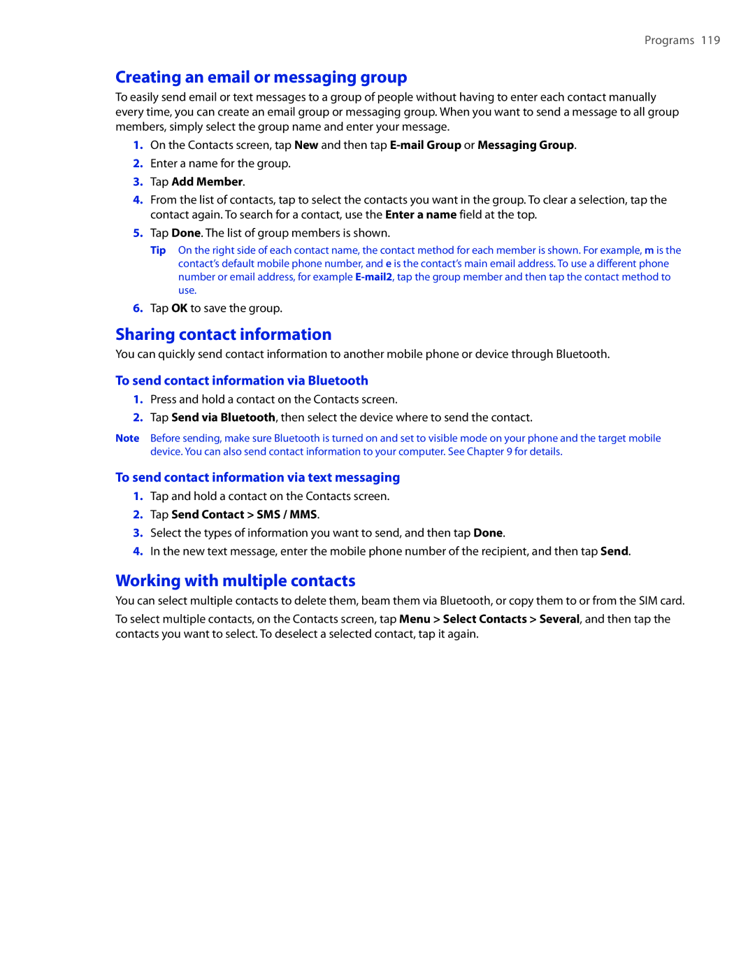 HTC TOUCHPRO2SPT Creating an email or messaging group, Sharing contact information, Working with multiple contacts 